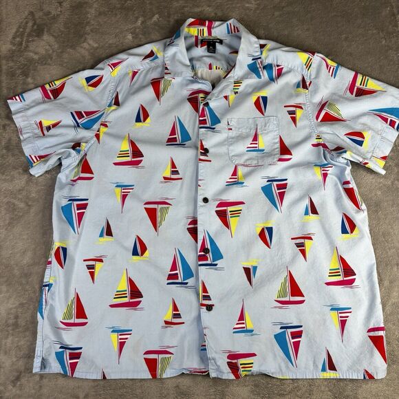 Lands End Shirt Mens XL 46-48 Sail Boats Nautical Blue‎ Button Up Short Sleeve - Picture 2 of 12